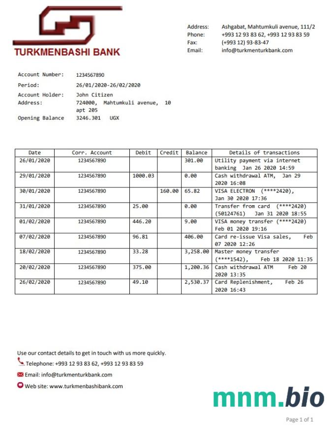 Turkmenistan Rysgal wzór wyciągu bankowego w formacie Word i PDF